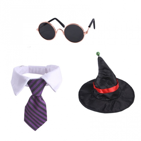 Immagine di Purple - S Stripes Collar Tie Sunglasses Hat 3 Piece Set Halloween Pet Dog Cat Clothes Dress Up Cosplay Costume, 1 Set