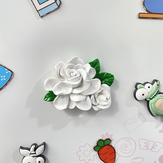 Immagine di White - 1# Chinese Rose Artificial Flowers 3D Resin Fridge Magnet 6.7x5.2cm, 1 Piece