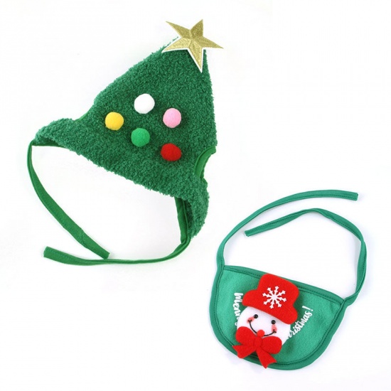 緑-Sクリスマス雪だるまポリエステル猫犬の帽子＆ペットビブスカーフペット服、1セット の画像