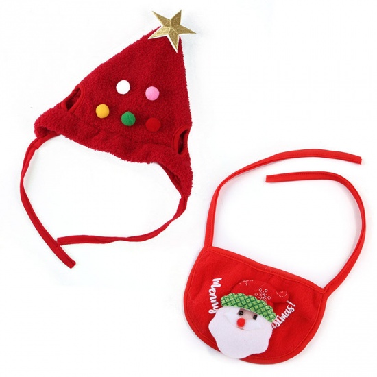 赤-Sクリスマスサンタクロースポリエステル猫犬の帽子とペットのよだれかけスカーフペットの服、1セット の画像