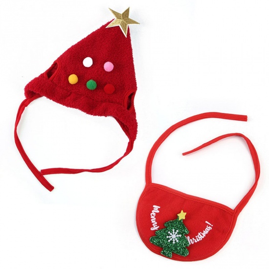 赤-Sクリスマスツリーポリエステル猫犬の帽子とペットのよだれかけスカーフペットの服、1セット の画像