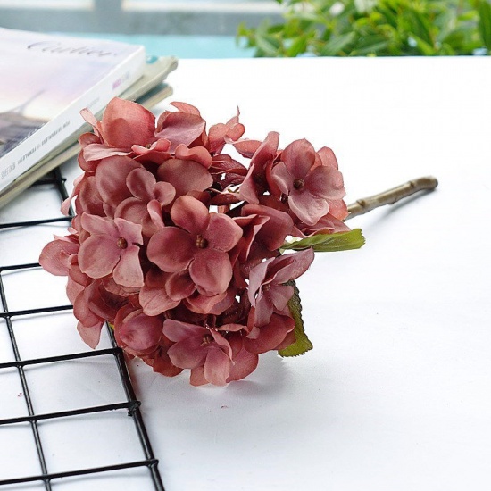 Image de Marron Rouge - 2 # Fleur d'hortensia artificielle en plastique et fausse soie Dim pour la décoration de la maison de fête de mariage 36cm de long, 1 Pièce