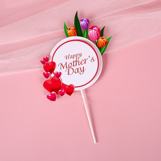 Изображение Red - 3# Paper Cute Flower Mother's Day Cake Picks Toppers Baking DIY Decoration 11.5x19.5cm, 1 Piece