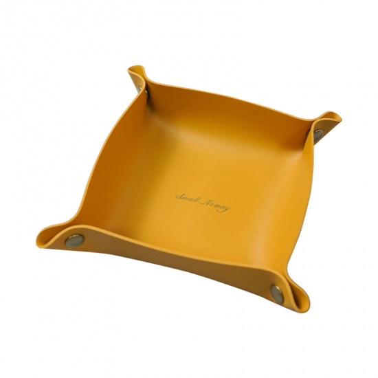 Picture of Yellow - 15x15cm PU Leather Desktop Square Storage Box Tray For Sundries, 1 Piece