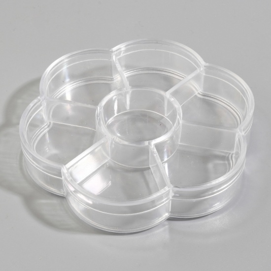 Picture of 7 Compartment Plastic Jewelry Storage Box Plum Blossom Transparent Clear 10.4cm x 9.7cm, 1 Piece