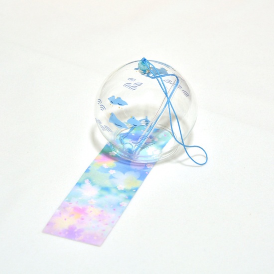 Picture of Blue - 8# Bird Printed Japanese Style Glass Wind Chime Garden Window Hanging Decoration Craft 7x6cm, 1 Piece