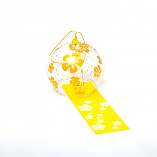黄色-19＃フラワープリント 和風 ガラス 風鈴ガーデンウィンドウ ハンギングデ コレーション クラフト7x6cm、1個 の画像