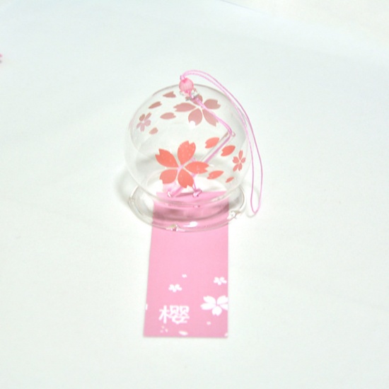 Picture of Pink - 20# Sakura Printed Japanese Style Glass Wind Chime Garden Window Hanging Decoration Craft 7x6cm, 1 Piece