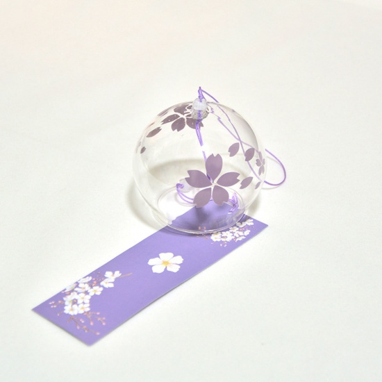 Picture of Purple - 21# Sakura Printed Japanese Style Glass Wind Chime Garden Window Hanging Decoration Craft 7x6cm, 1 Piece