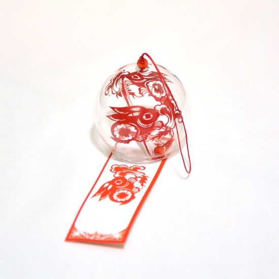 Picture of Red - 30# Rabbit Printed Japanese Style Glass Wind Chime Garden Window Hanging Decoration Craft 7x6cm, 1 Piece