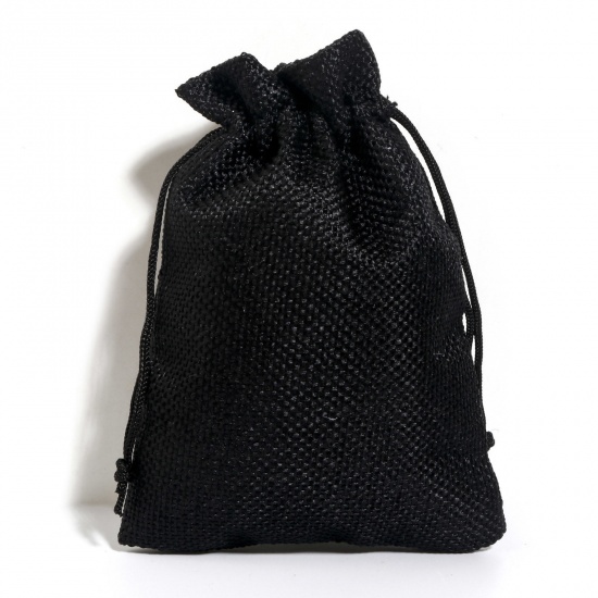 Picture of Polyester Imitation Linen Drawstring Bags For Gift Jewelry Rectangle Black (Usable Space: Approx 11.5x10cm) 14cm x 10cm, 10 PCs