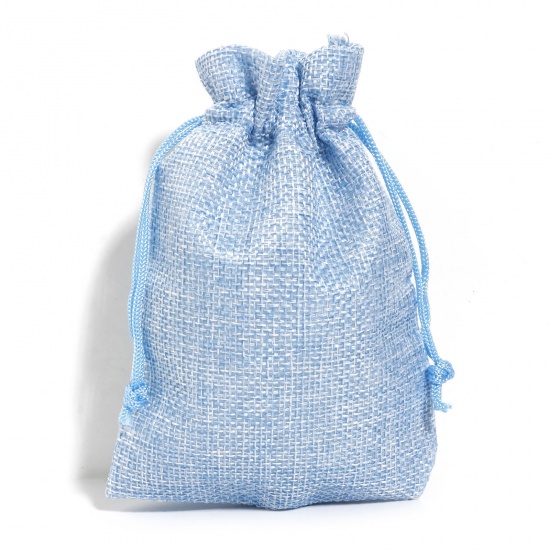 Picture of Polyester Imitation Linen Drawstring Bags For Gift Jewelry Rectangle Skyblue (Usable Space: Approx 11.5x10cm) 14cm x 10cm, 10 PCs