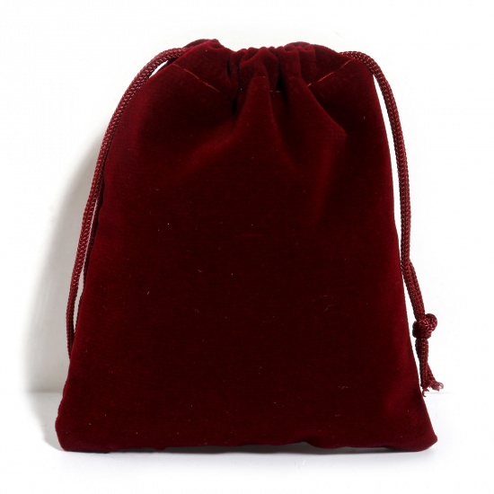 Picture of Velvet Drawstring Bags For Gift Jewelry Rectangle Wine Red (Usable Space: Approx 11x10cm) 12cm x 10cm, 10 PCs