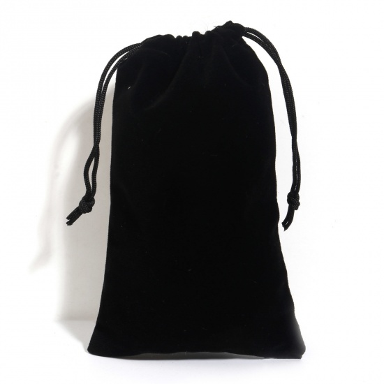 Picture of Velvet Drawstring Bags For Gift Jewelry Rectangle Black (Usable Space: Approx 14.5x10cm) 16cm x 10cm, 5 PCs