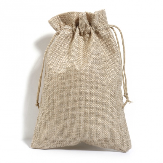 Picture of Polyester Imitation Linen Drawstring Bags For Gift Jewelry Rectangle Khaki (Usable Space: Approx 15.5x13cm) 18cm x 13cm, 5 PCs