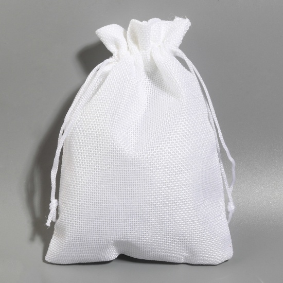 Picture of Polyester Imitation Linen Drawstring Bags For Gift Jewelry Rectangle White (Usable Space: Approx 15.5x13cm) 18cm x 13cm, 5 PCs