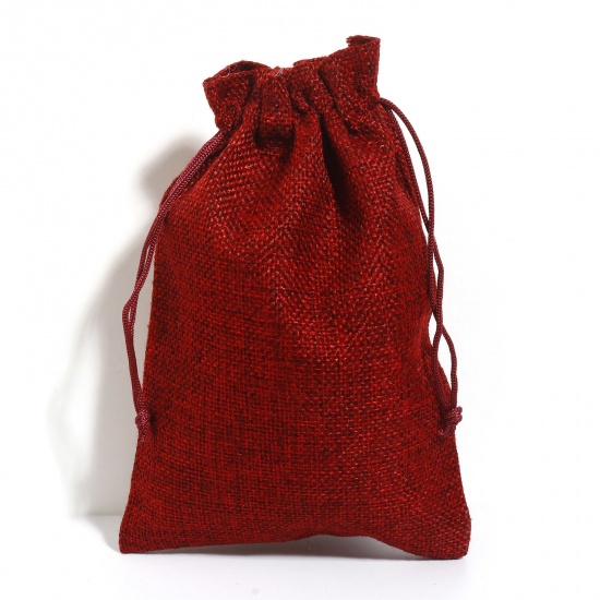 Picture of Polyester Imitation Linen Drawstring Bags For Gift Jewelry Rectangle Wine Red (Usable Space: Approx 15.5x13cm) 18cm x 13cm, 5 PCs