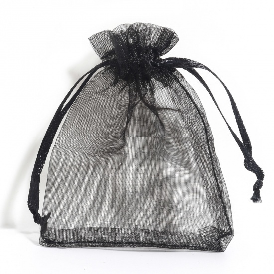 Picture of Organza Drawstring Bags For Gift Jewelry Rectangle Black (Usable Space: 7x7cm) 9cm x 7cm, 50 PCs