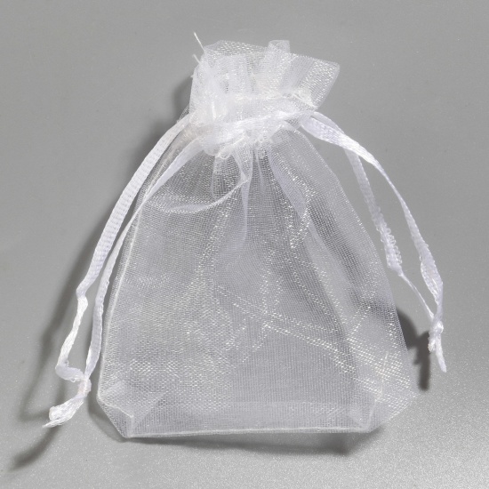 Picture of Organza Drawstring Bags For Gift Jewelry Rectangle White (Usable Space: 7x7cm) 9cm x 7cm, 50 PCs