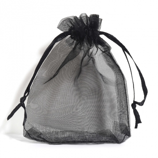 Picture of Organza Drawstring Bags For Gift Jewelry Rectangle Black (Usable Space: 9.5x9cm) 12cm x 9cm, 50 PCs