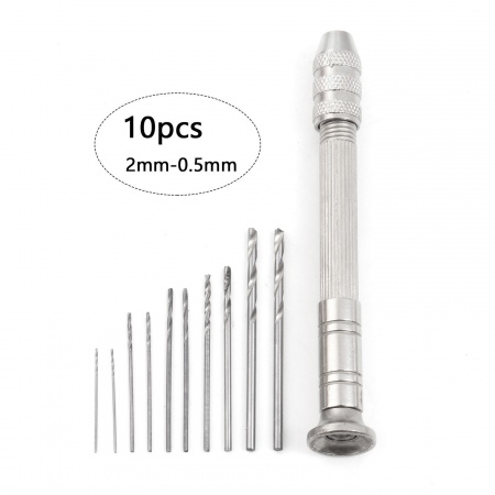 (2mm-0.5mm) Carbon Steel Mini Manual Hand Twist Drill Bits Set Rotary Tools With 10 Pins Silver Tone 9cm x 1cm, 1 Set