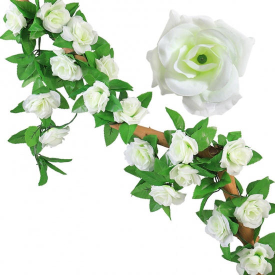 Picture of White - Faux Silk Wedding Artificial Rose Flower Garlands Vines For Party Home Wall Garden Decoration 240cm, 1 Piece