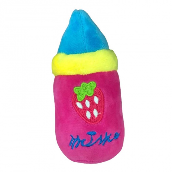 Picture of Plush Cute Pet Toys Multicolor Milk Bottle Strawberry Fruit Pattern 14cm x 7cm, 1 Piece