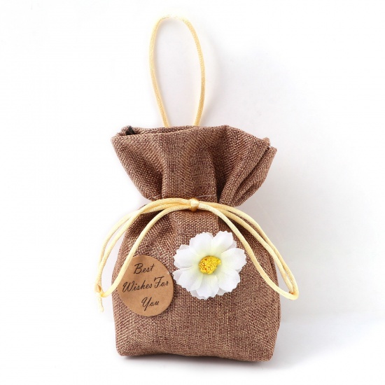 Picture of Cotton & Linen Storage Container Bags For DIY Sachet Ornament Rectangle Coffee Flower 12.5cm x 10cm, 5 PCs