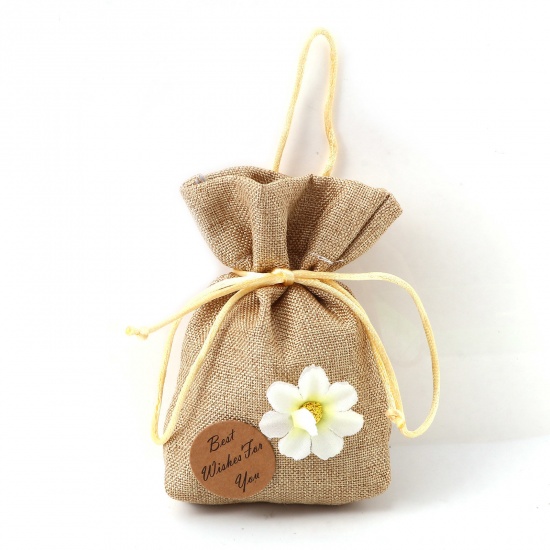 Picture of Cotton & Linen Storage Container Bags For DIY Sachet Ornament Rectangle Khaki Flower 12.5cm x 10cm, 5 PCs