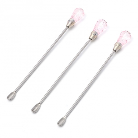 Picture of Steel Spoon Stirring Rod Gel Picker Tool For Powder Liquid Glue Rhinestone Acrylic UV Gel Mixing Manicure Accessories Silver Tone Light Pink 10.4cm, 1 Piece