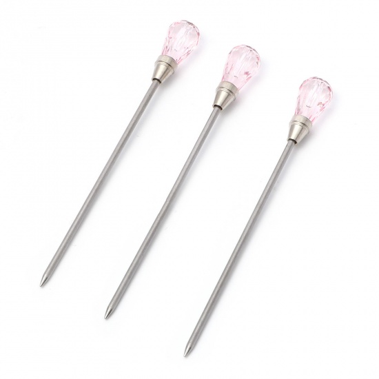 Picture of Steel Needle Stirring Rod Gel Picker Tool For Powder Liquid Glue Rhinestone Acrylic UV Gel Mixing Manicure Accessories Silver Tone Light Pink 9.4cm, 1 Piece