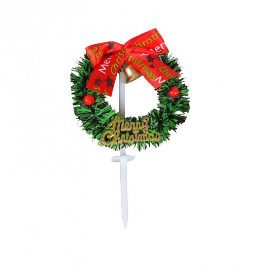 Immagine di Green - Plastic Cupcake Picks Toppers Cake Decoration Christmas Wreath 11x7cm, 2 PCs