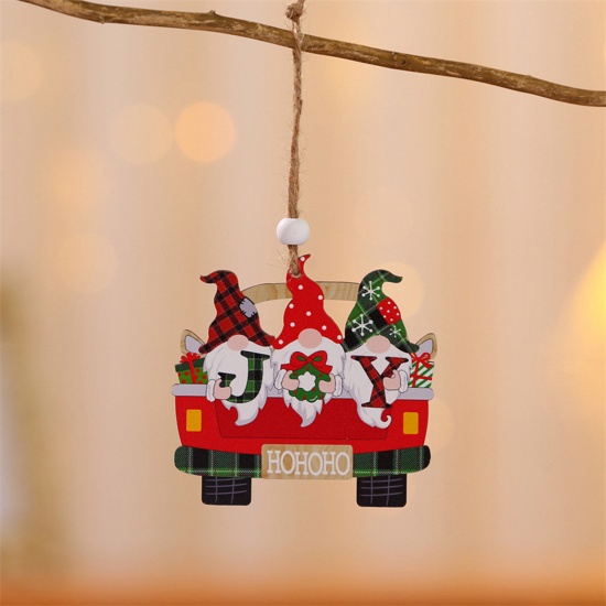 Picture of Multicolor - Wood Christmas Hanging Decoration Car Faceless Gnome Elf 9x10cm, 1 Piece