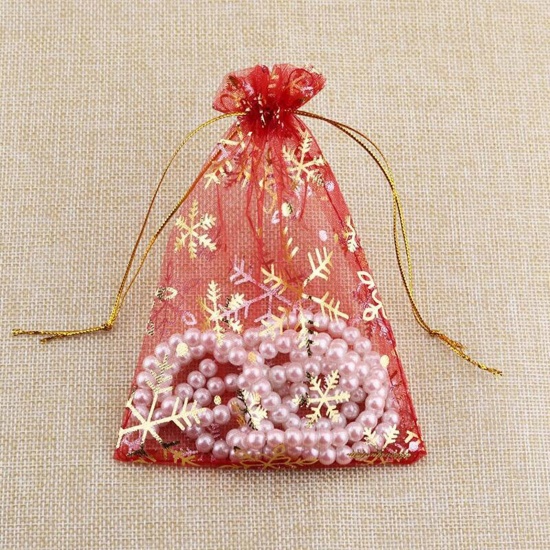 Picture of Organza Christmas Jewelry Bags Red Snowflake 14cm x 10cm, 20 PCs