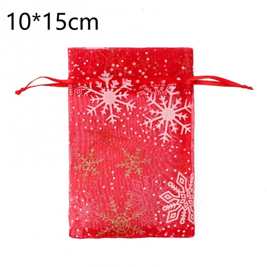 オーガンザ ドローストリングバッグ 長方形 多色 クリスマス・スノーフレークパターン ) 15cm x 10cm、 10 個 の画像