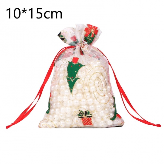 Picture of Organza Drawstring Bags Rectangle Multicolor Christmas Tree 15cm x 10cm, 10 PCs