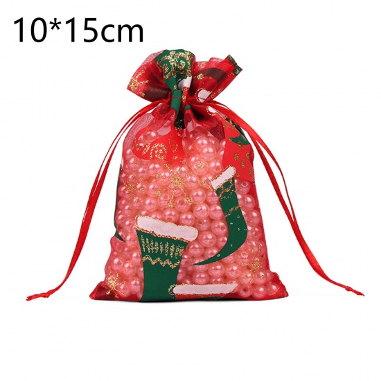オーガンザ ドローストリングバッグ 長方形 多色 クリスマスの靴下パターン ) 15cm x 10cm、 10 個 の画像