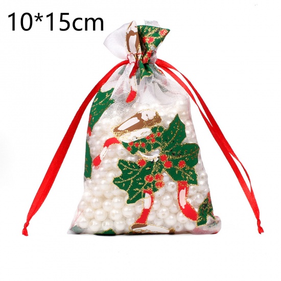 Picture of Organza Drawstring Bags Rectangle Multicolor Christmas Jingle Bell 15cm x 10cm, 10 PCs