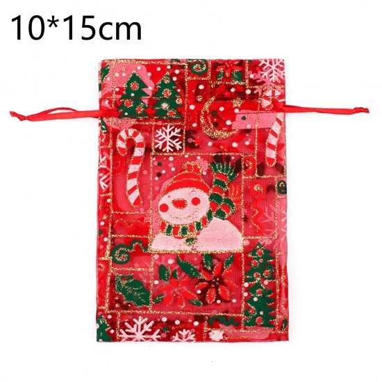 オーガンザ ドローストリングバッグ 長方形 多色 クリスマス雪だるまパターン ) 15cm x 10cm、 10 個 の画像