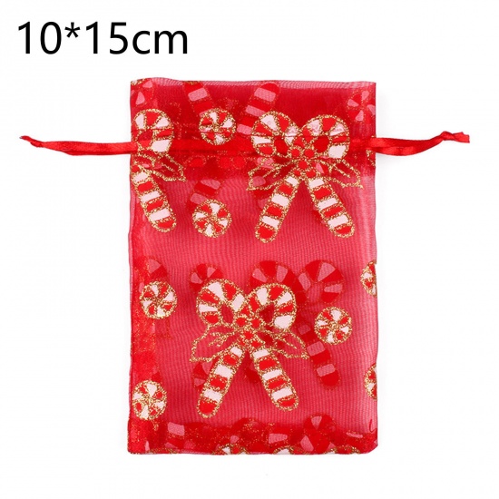 Picture of Organza Drawstring Bags Rectangle Multicolor Christmas Candy Cane 15cm x 10cm, 10 PCs