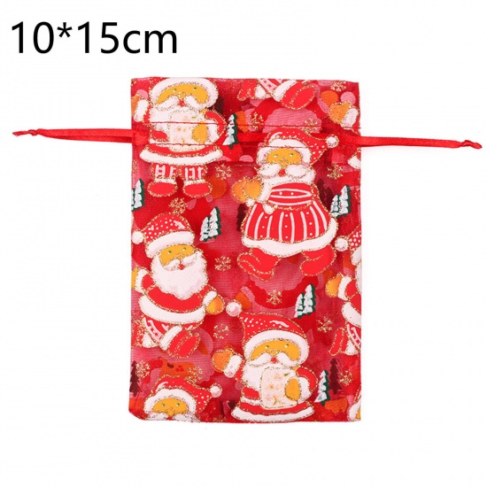Picture of Organza Drawstring Bags Rectangle Multicolor Christmas Santa Claus 15cm x 10cm, 10 PCs