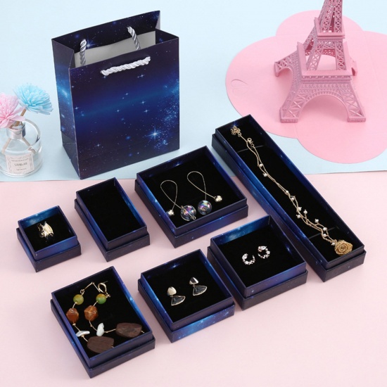 Picture of Paper Jewelry Gift Boxes Rectangle Dark Blue Galaxy Universe Pattern 22cm x 5cm x 3cm , 4 PCs