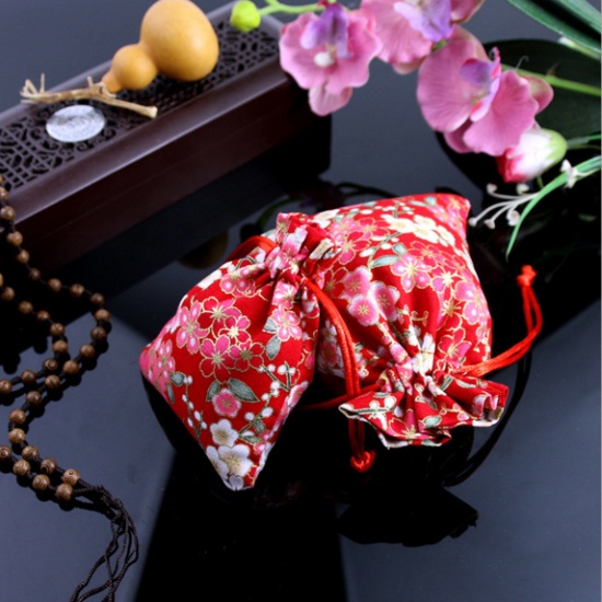 Picture of Polyester Jewelry Gift Drawstring Bags Rectangle Red Cherry Blossom Sakura Flower 10cm x 8cm, 10 PCs