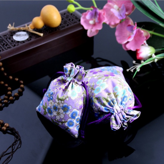 Picture of Polyester Jewelry Gift Drawstring Bags Rectangle Purple Cherry Blossom Sakura Flower 10cm x 8cm, 10 PCs