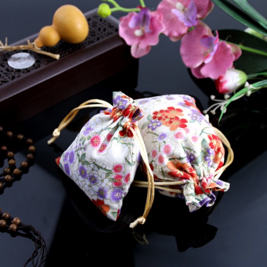 Picture of Polyester Jewelry Gift Drawstring Bags Rectangle Beige Cherry Blossom Sakura Flower 10cm x 8cm, 10 PCs