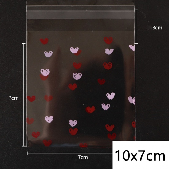 Image de Sachets Autocollantes Auto-Scellants en Polypropylène Cœur Rouge & Rose Transparent (Espace Utilisable: 7x7cm) 10cm x 7cm, 1 Paquet ( 100 Pcs/Paquet)