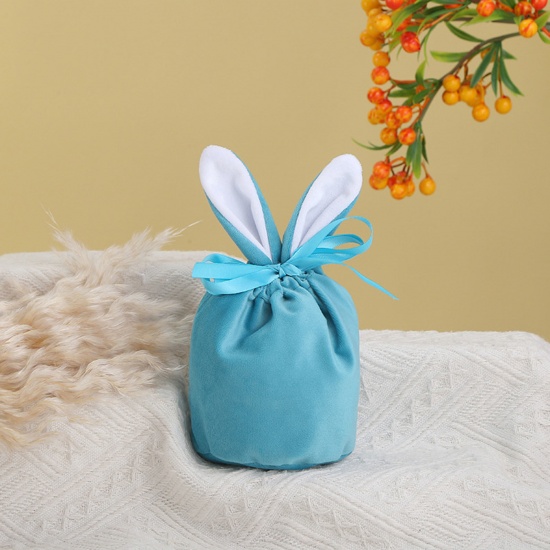 Picture of Velvet Easter Day Drawstring Bags Blue Rabbit Ears 15cm x 13.5cm, 2 PCs