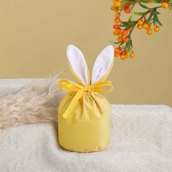 Immagine di Velluto di Cotone Pasqua Borsa Coulisse Giallo Orecchie di Coniglio 15cm x 13.5cm, 2 Pz