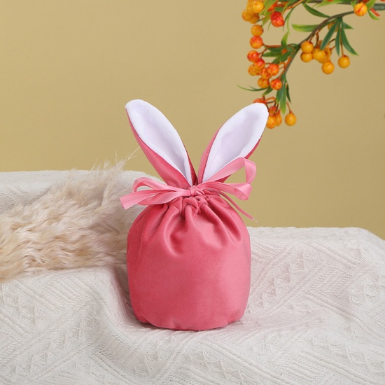 Picture of Velvet Easter Day Drawstring Bags Hot Pink Rabbit Ears 15cm x 13.5cm, 2 PCs