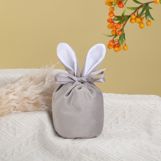 Picture of Velvet Easter Day Drawstring Bags French Gray Rabbit Ears 15cm x 13.5cm, 2 PCs